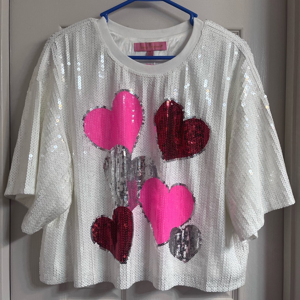 Simply Southern Full Sequin Heart Cropped Tee - White, Pink, Red, Silver